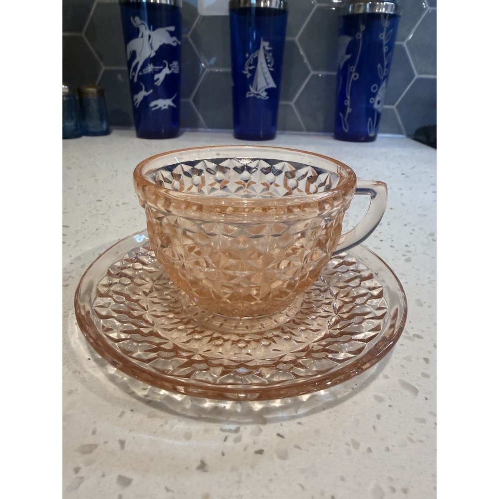 Jeannette Cherry Pink Holiday Button and Bows Cup and Saucer Depression Glass